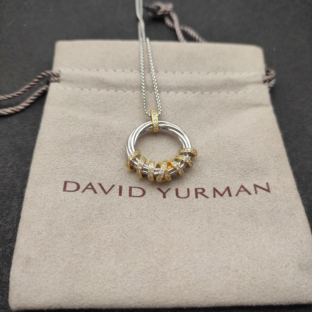 David Yurman Two-Tone Pavé Crystal Spiral Circle Pendant Necklace